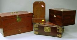 Wooden Wall Box, Asian Brass Mounted Wooden Jewelry Box, Red Stained Wooden Apothecary Box, and a Rosewood Veneer Tea Caddy. 